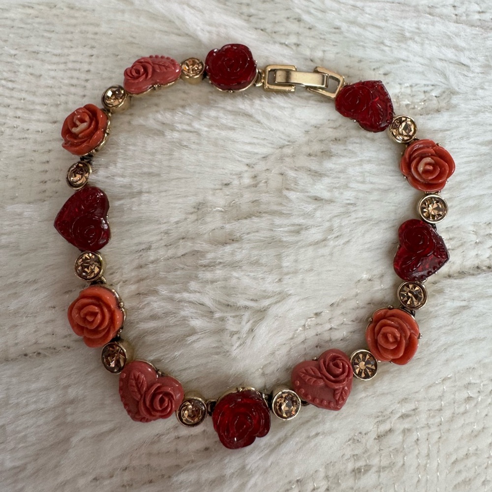 Vintage Roses Hearts And Rhinestones Bracelet
